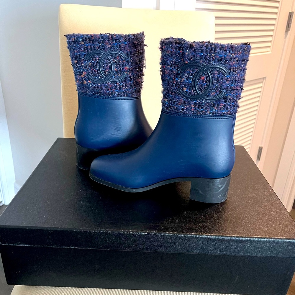 Chanel rain ankle boots. Great addition for rainy or snow days. Rubber bottom